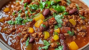 there is a bowl of chili with noodles in it and the words, hillbilly chili