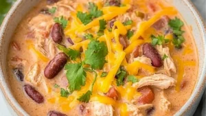 slow cooker cream cheese chicken chili recipe in a crock pot with text overlay