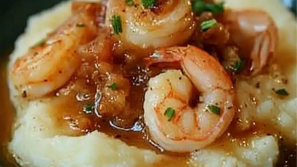 garlic butter shrimp and mashed potatoes on a plate