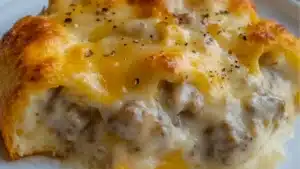 a casserole being poured into a white dish with the words biscuits and gravy in it