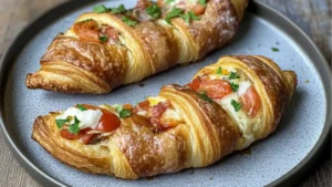 croissant breakfast boats with text overlay