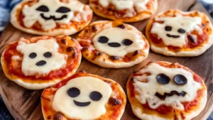 mini pizzas with cheese and black olives are on a wooden platter, ready to be eaten