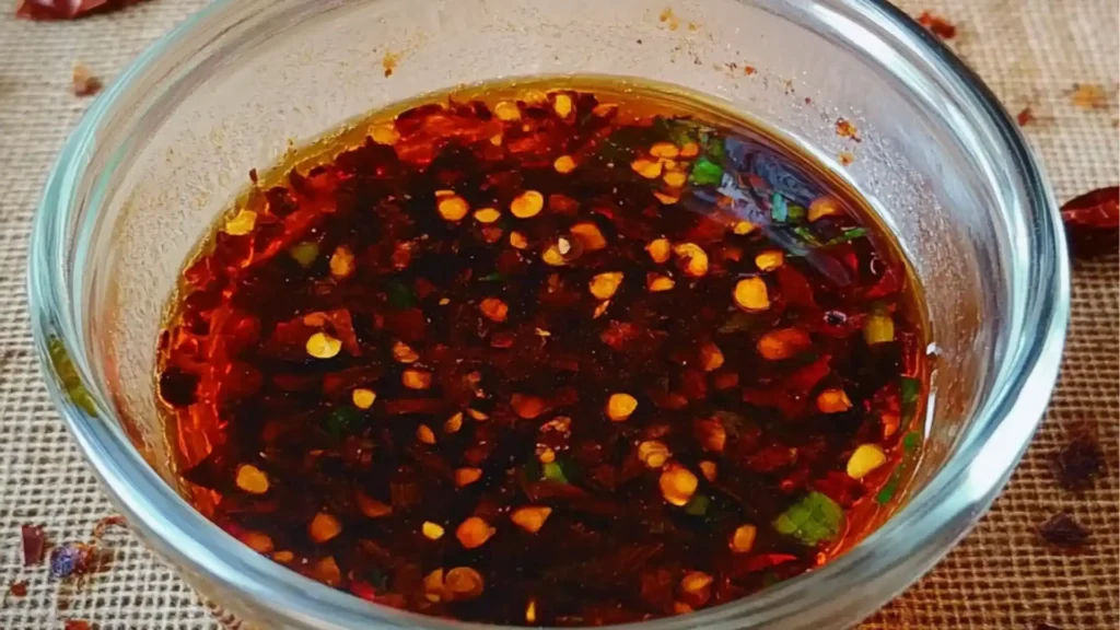 homemade chili oil in a small white bowl next to a wooden spoon and garlic flakes