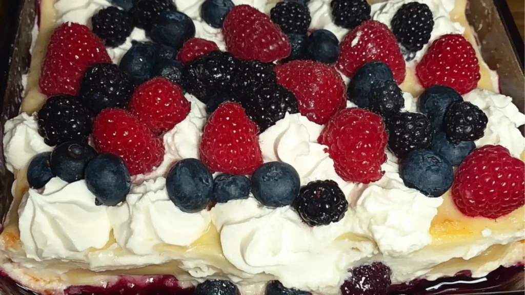 an easy summer berry dessert lasagna with berries and blueberries on the top