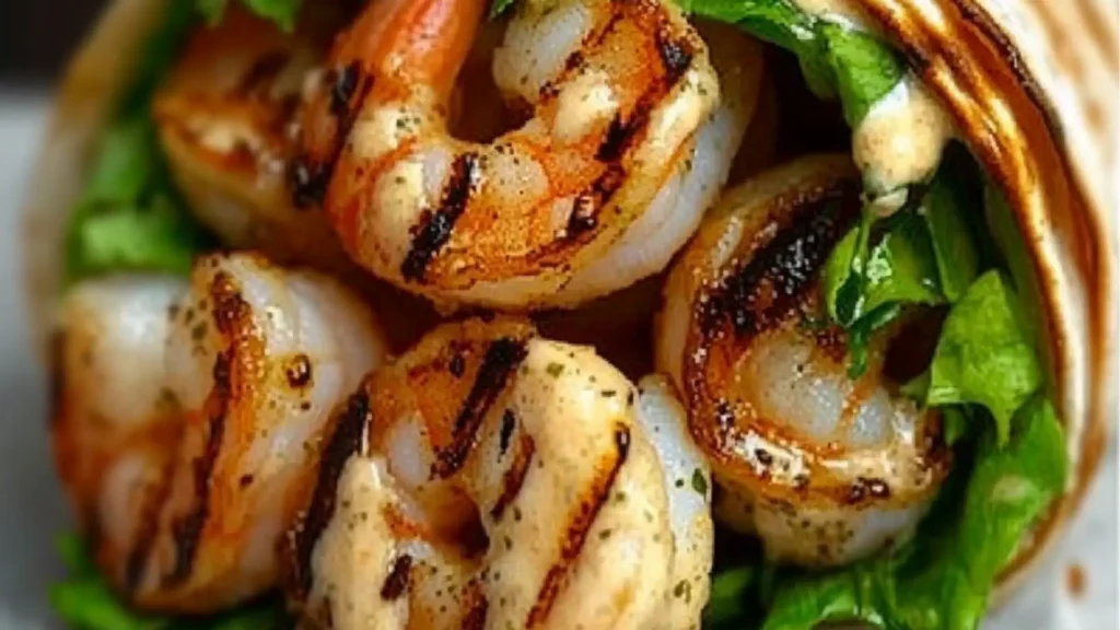 three wraps with shrimp, lettuce and tomato on them sitting on a plate