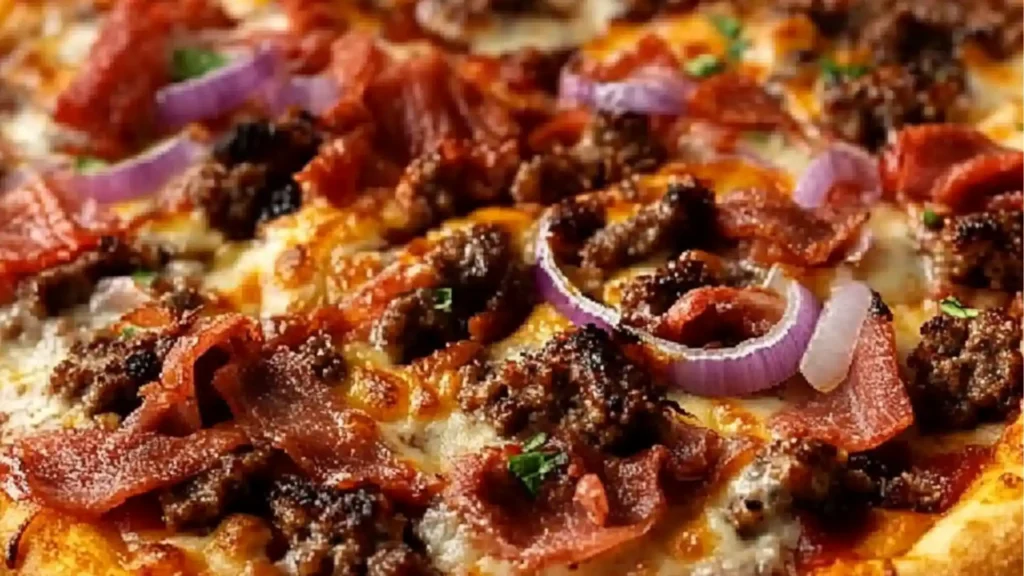 the cheeseburger pizza is topped with pickles and other toppings on it