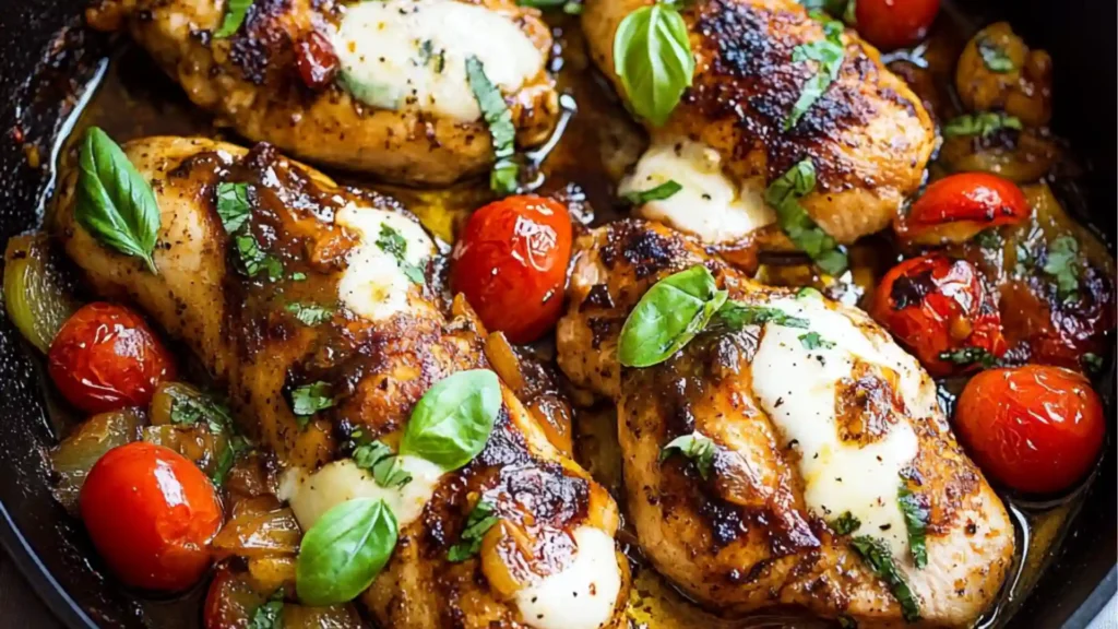 one pan balsamic chicken with tomatoes and basil