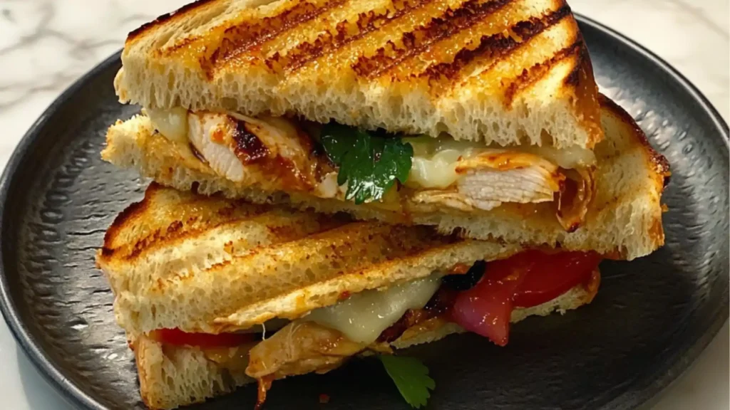a stack of chicken panini stacked on top of each other with text overlay