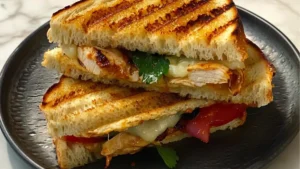 a stack of chicken panini stacked on top of each other with text overlay
