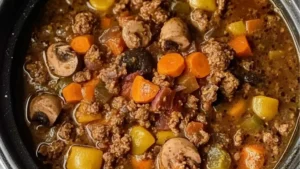 a bowl filled with stew sitting on top of a table next to an orange and black sign