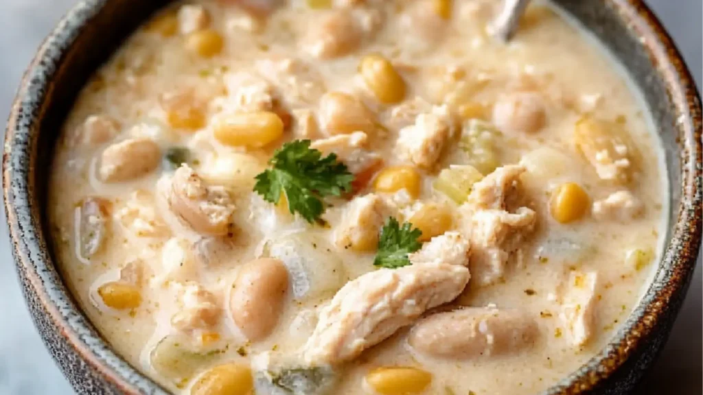 two bowls of white turkey chili with sour cream on top and the words, the best white turkey chili