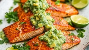 grilled cajun salmon with avocado on a wooden cutting board next to lime wedges