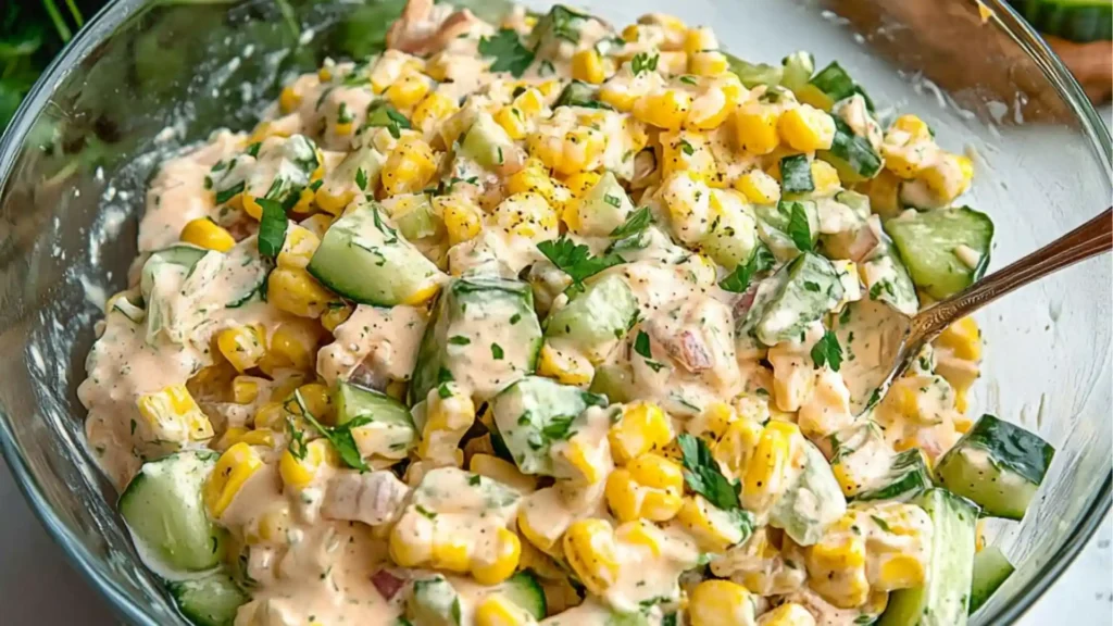 a glass bowl filled with corn and cucumber salad