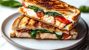 chicken caprese panini is cut in half on a white plate with tomatoes