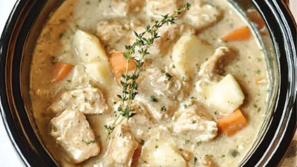the recipe for creamy crock pot ranch chicken is shown with a spoon full of gravy