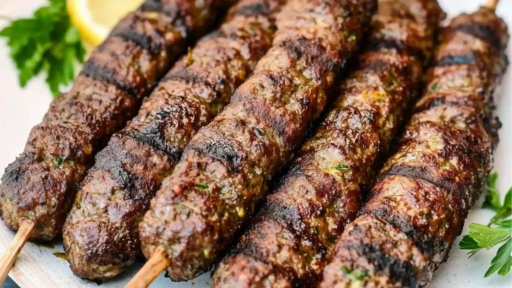 the cover of juicy middle eastern kofta kebabs by grill or bake