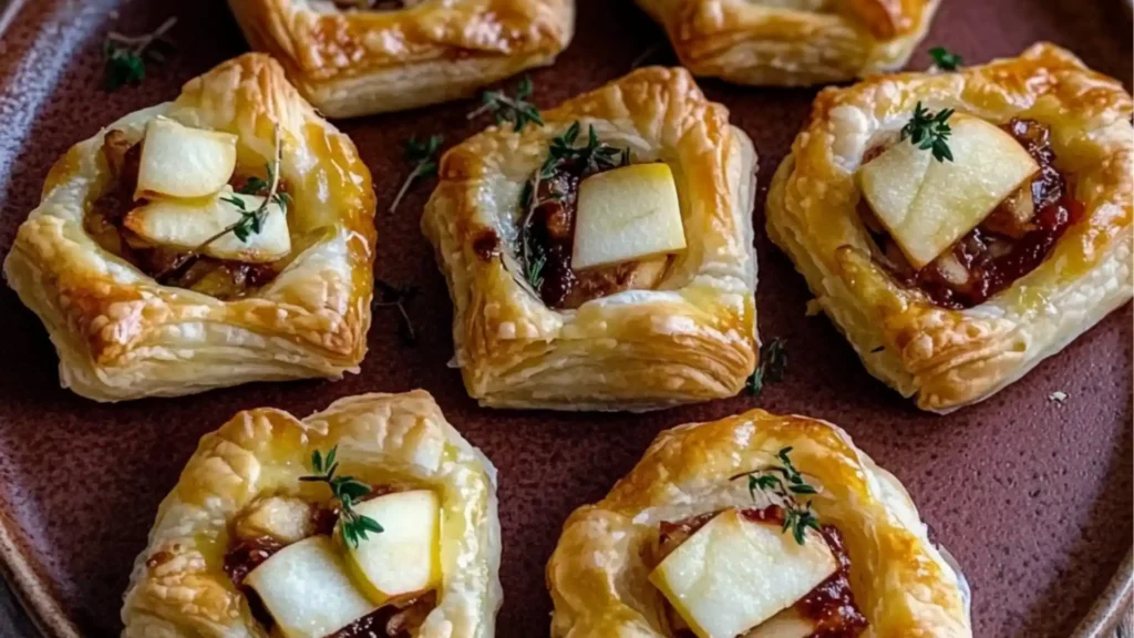 apple and brie puff pastry bites on a white platter with text overlay