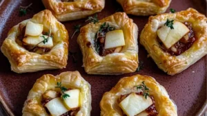 apple and brie puff pastry bites on a white platter with text overlay