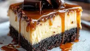 two plates with different types of cheesecakes on them, one has chocolate and the other has caramel brownie cheesecake