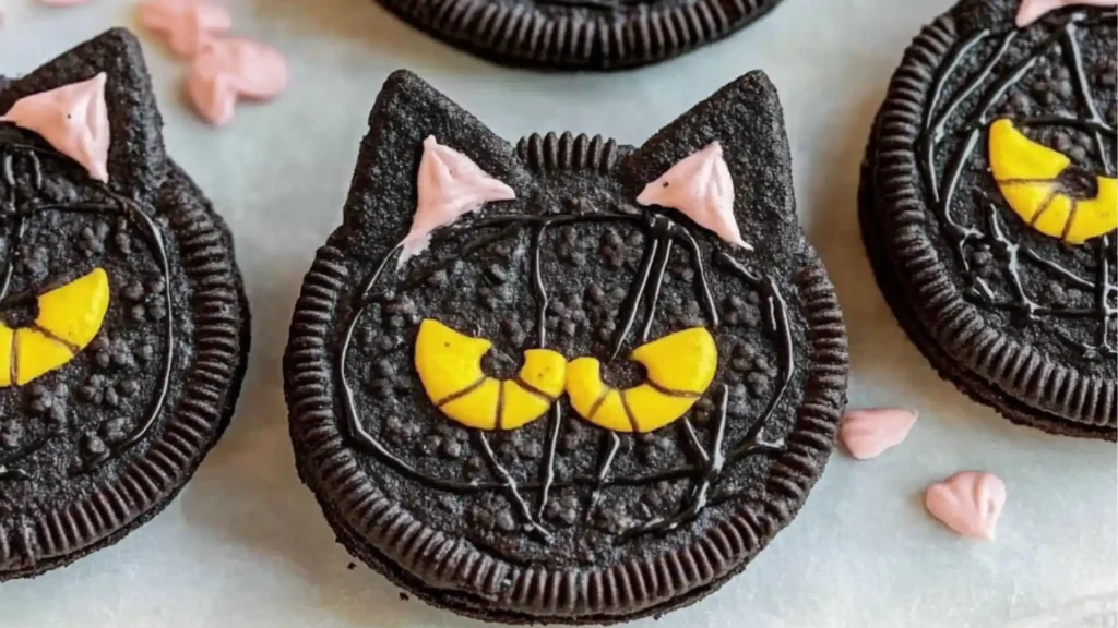 A photo of a Black Cat Oreos which is a type of halloween treat recipes