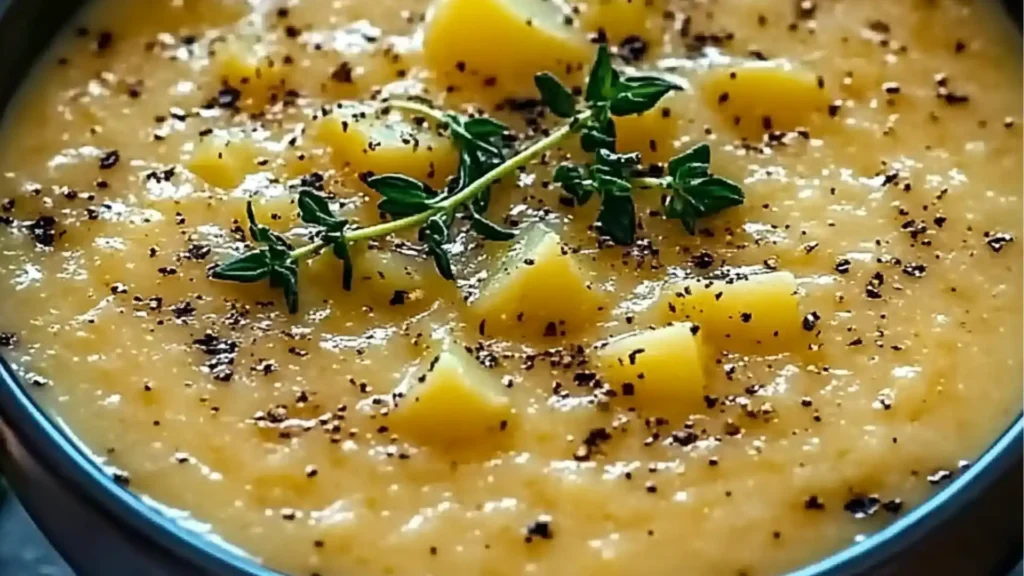 hearty cheddar garlic herb potato soup recipe in a bowl with bread on the side