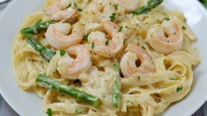 creamy shrimp and asparagus pasta in a white bowl with the title above it