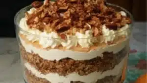 an image of a pumpkin cheesecake trifle with whipped cream and pecans on top