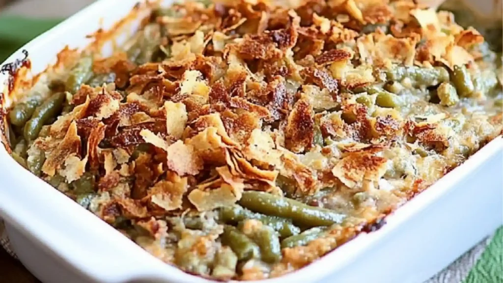 southern green bean casserole recipe in a white dish with the title overlay