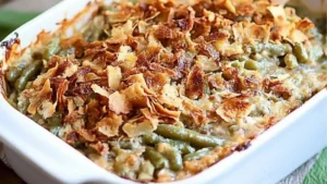 southern green bean casserole recipe in a white dish with the title overlay