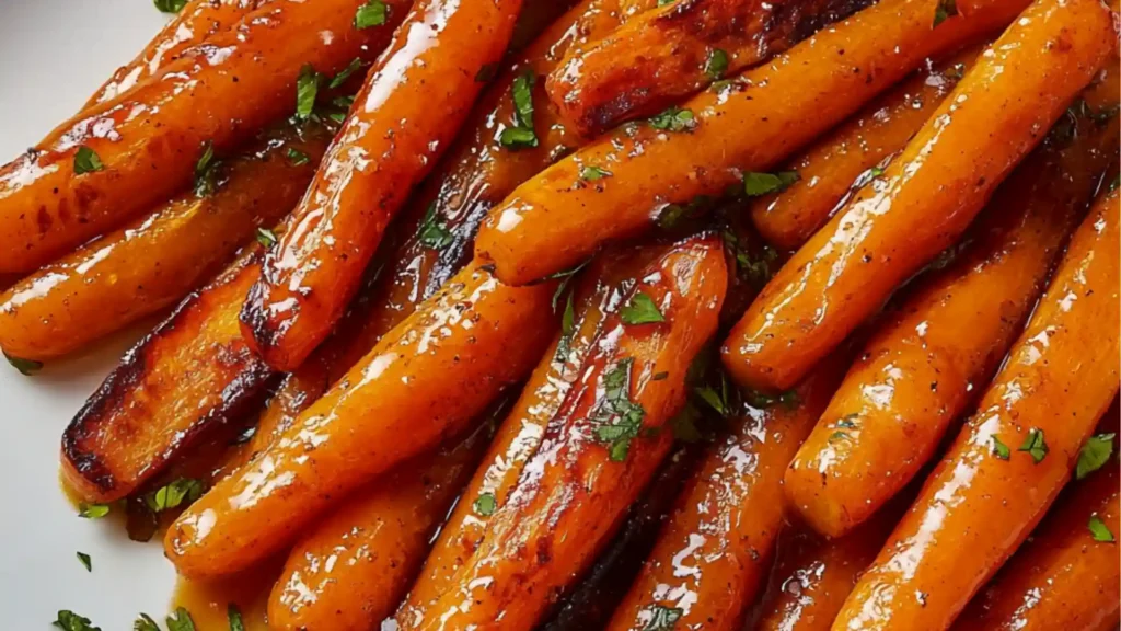 glazed carrots in a white dish with rosemary sprigs on top and the words glazed carrots above them