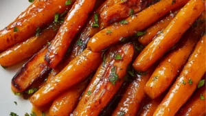 glazed carrots in a white dish with rosemary sprigs on top and the words glazed carrots above them