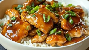 crockpot honey garlic chicken in a white pot with text overlay that reads, crockpot honey garlic chicken done in just 6 ingredients