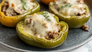 stuffed bell peppers with cheese and meat in them on a white plate next to the same image