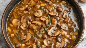 a pan filled with meat and mushrooms on top of a stove