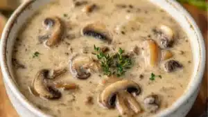 mushroom soup in a bowl with spoons and rice