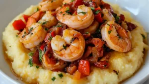two plates with shrimp and grits on them