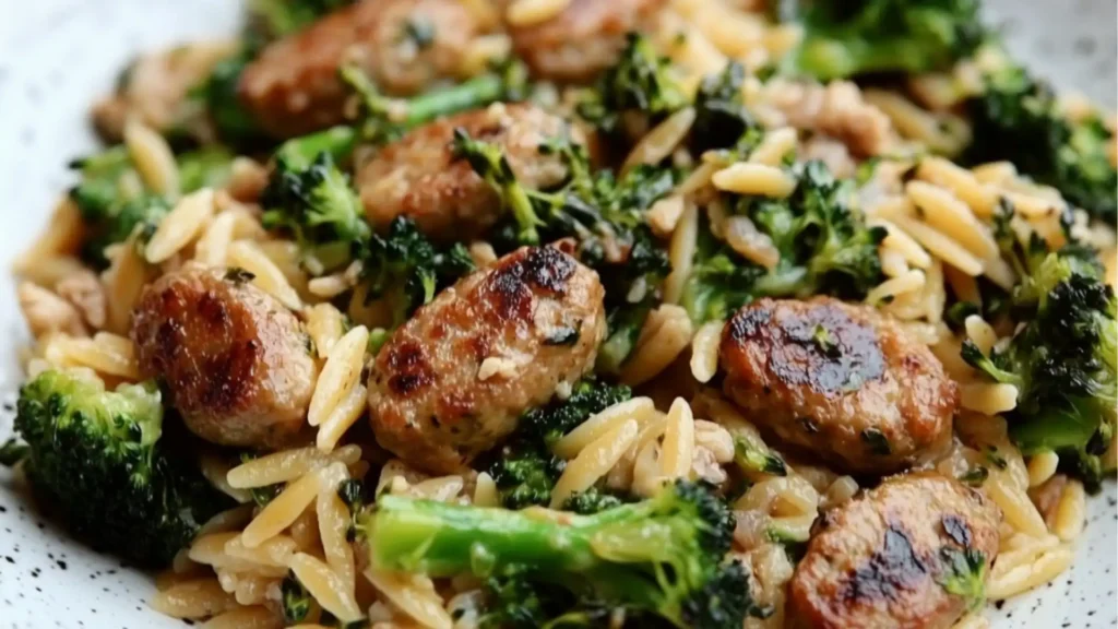 A plate of chicken sausage and broccoli orzo, garnished with grated Parmesan and lemon zest.