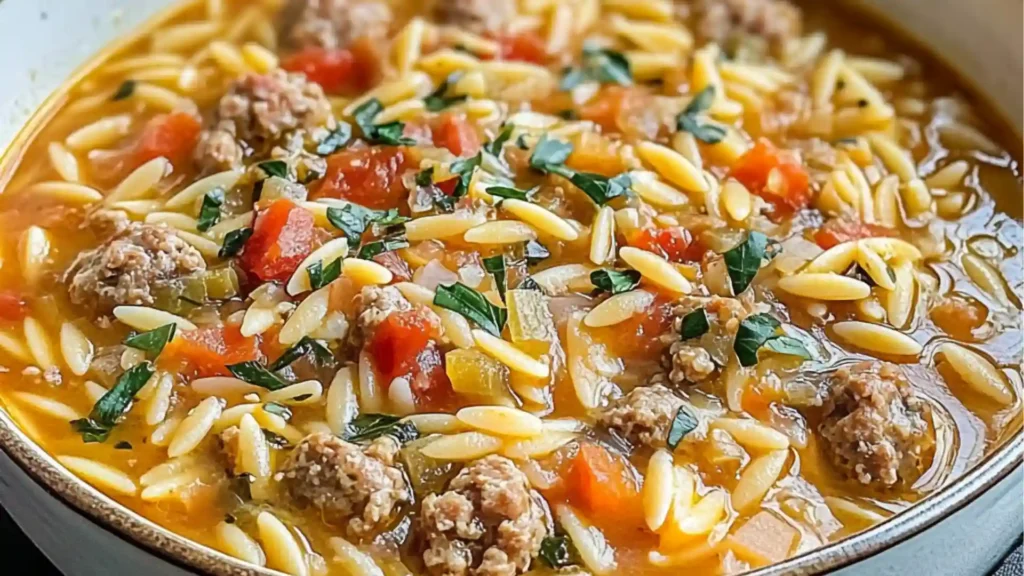 two bowls filled with pasta and meat soup