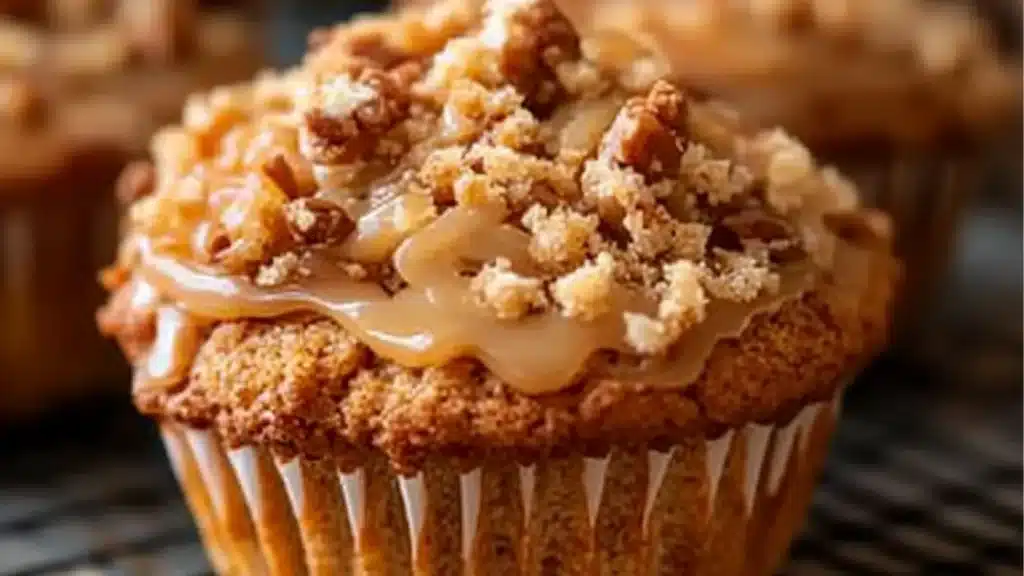 some muffins with caramel on top and the words luscious caramel apple muffins above them