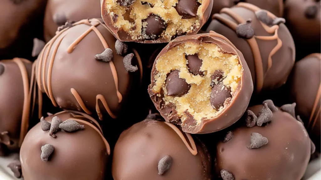 chocolate covered cupcakes on a plate with one cut in half