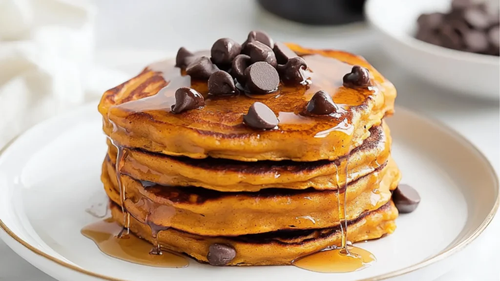 a stack of pumpkin pancakes with chocolate chips on top and syrup