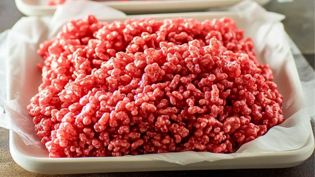 raw meat and rice krispies in blue trays with text overlay reading raw meat rice krispies