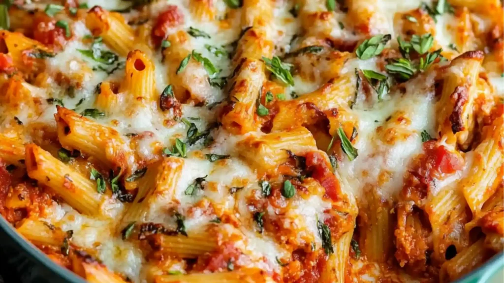 a white plate topped with cheesy baked ziti next to a green sign that says cream cheese baked ziti