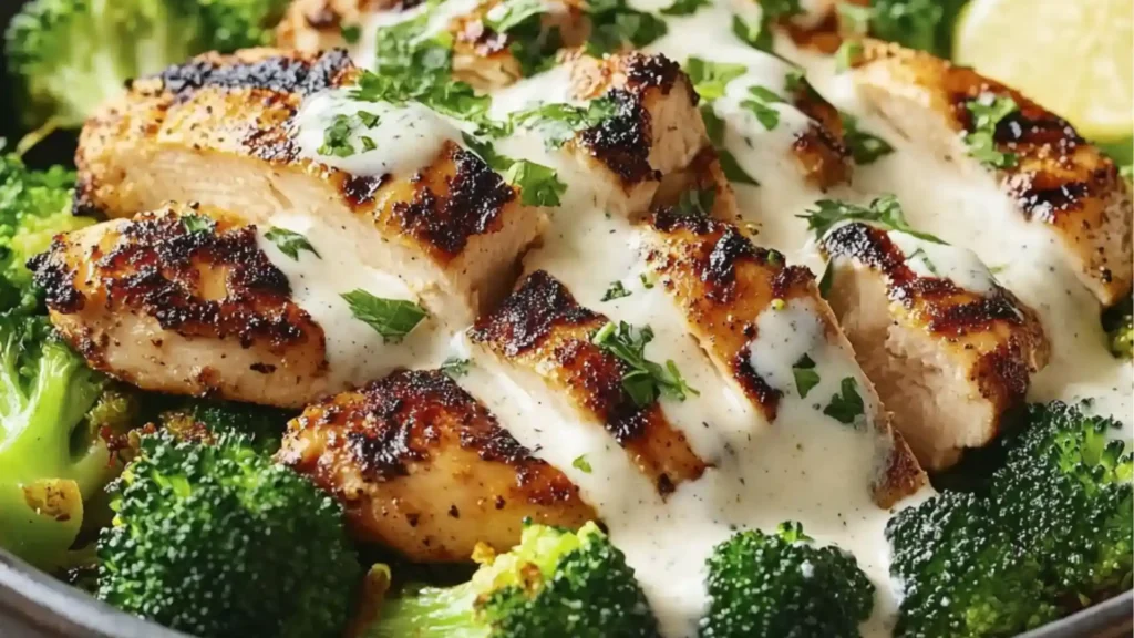 broccoli and chicken with creamy garlic sauce being drizzled over it