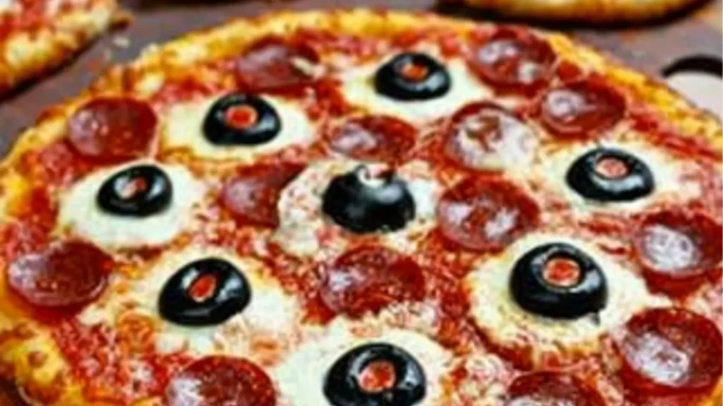 a monster eyeball pizza on a white plate with the words monster eyeball pizza