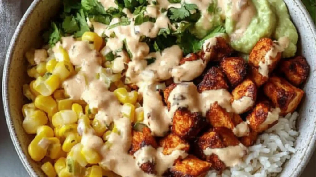 southwest chicken burrito bowls with black beans, corn and avocado