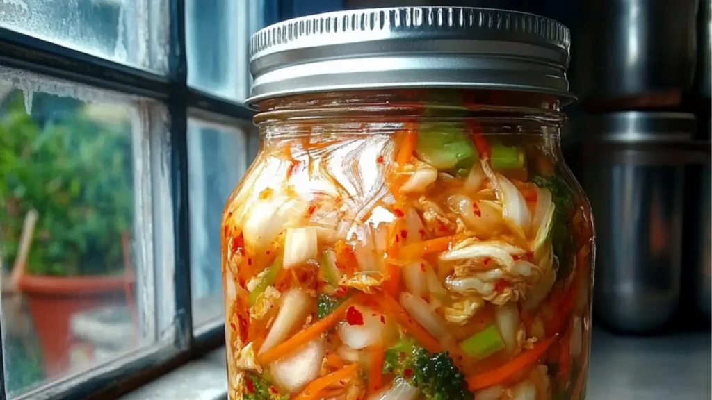 a jar filled with vegetables and the words kid - friendly mild kimchi on top