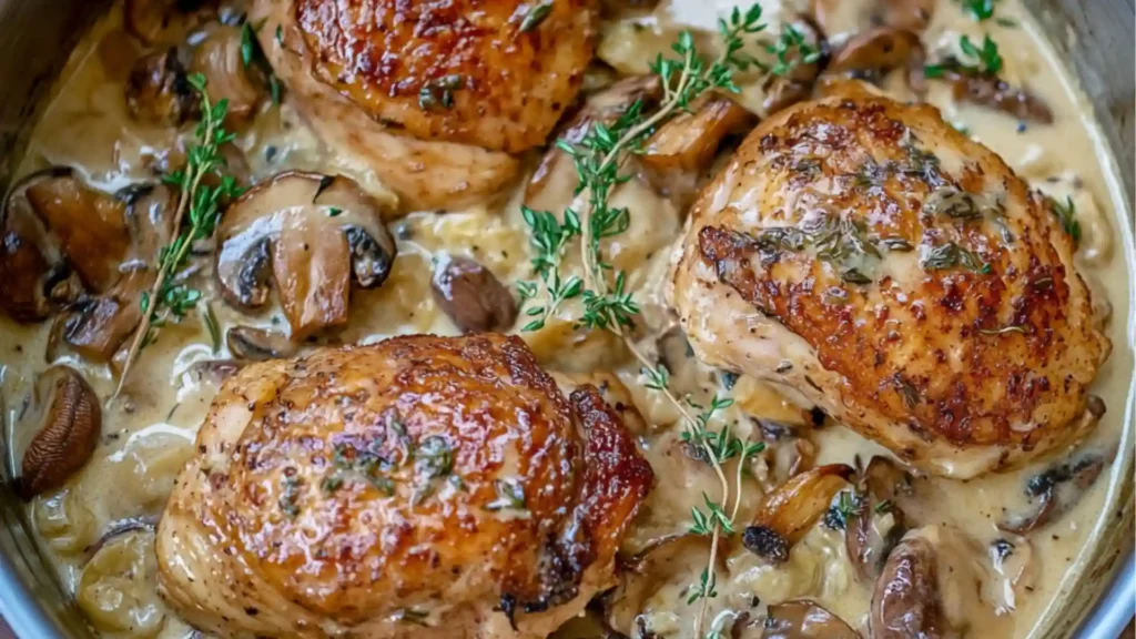 a pan filled with mushrooms and cream next to a wooden spoon