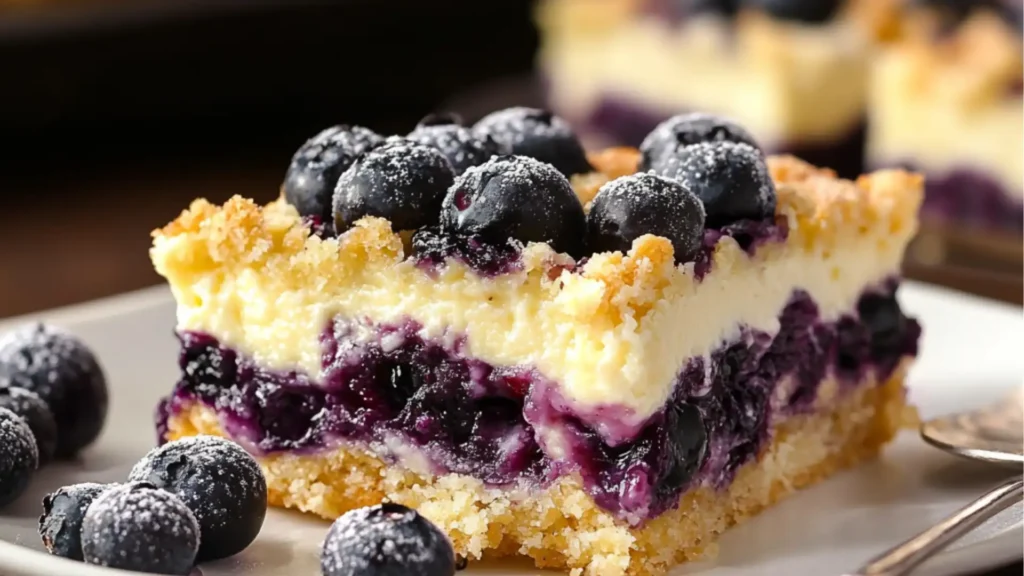 blueberry cream cheese bars with crumbled toppings on top and in the middle