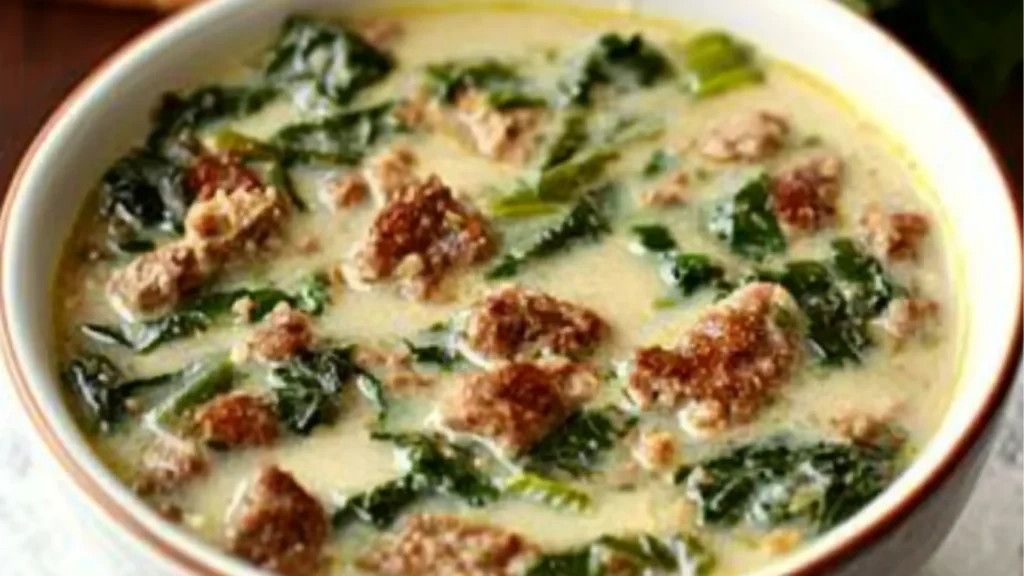 an easy copycat zuppa toscana recipe with spinach and bacon in a white bowl